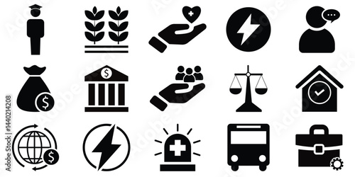 Set of  Comprehensive Society Sector Icon Set – Finance, Healthcare, Technology, Education, Government, and More | Flat Glyph Collection
