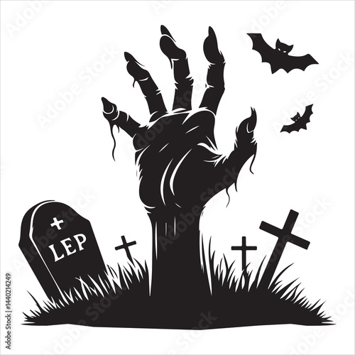 Halloween zombie hand rising from grave silhouette, minimalist vector