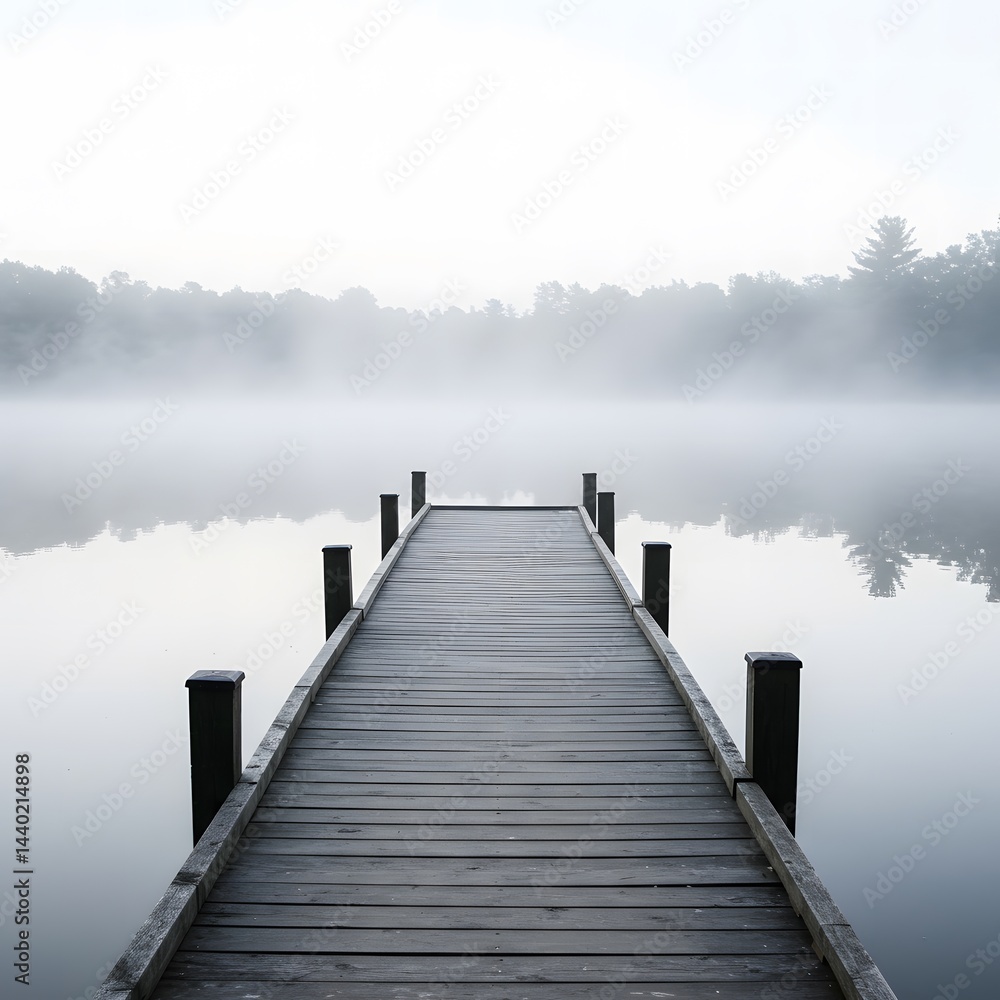 Naklejka premium Wooden dock over foggy lake