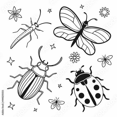 Hand-Drawn Black and White Line Art Insects Beetles, Butterflies, and More