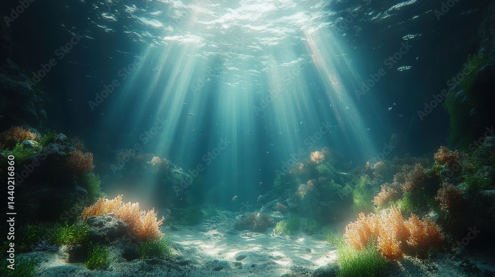Fototapeta premium Serene Underwater Seascape Sunbeams Illuminate Vibrant Coral Reef and Seabed