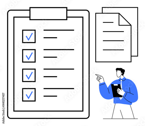 Large clipboard with completed checkboxes, additional documents, and a person holding notes. Ideal for task management, organization, productivity, planning, workflow, reporting flat simple metaphor
