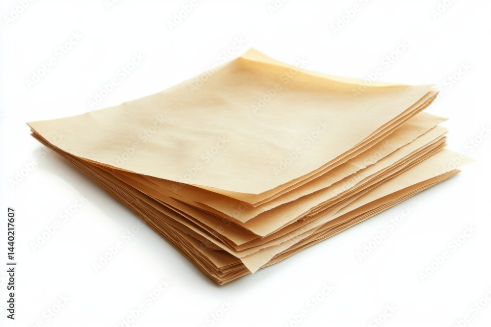 A stack of square parchment paper sheets on a white surface with soft shadows and a close up view A stack of square parchment paper sheets on a white surface with soft shadows and a close up view