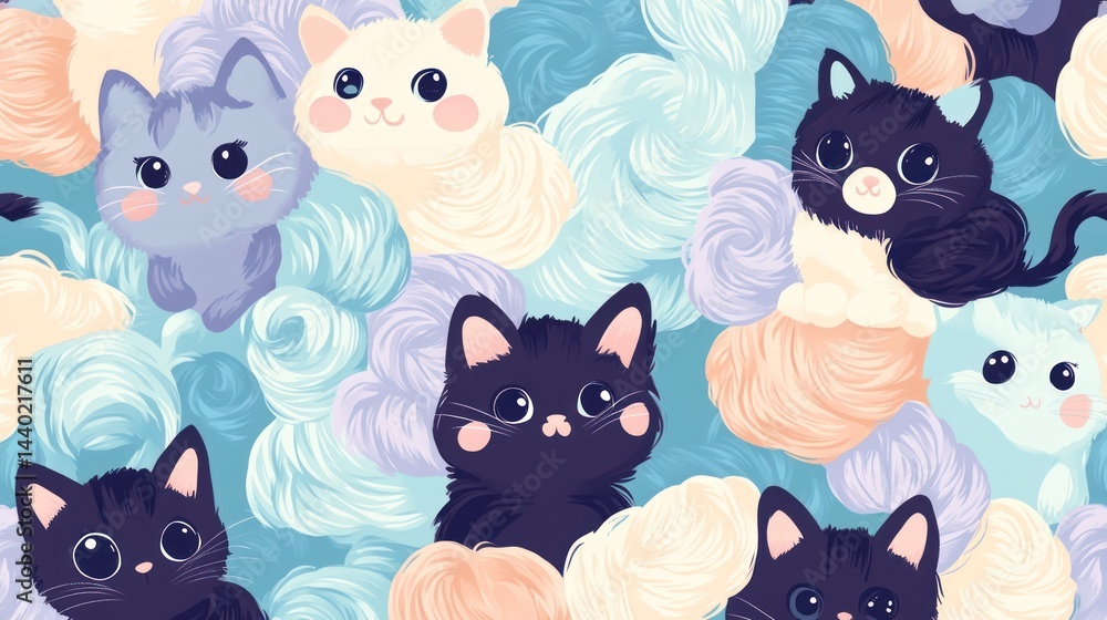 Fototapeta premium Charming kitty pattern with pastel background.