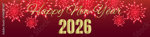 2026 Happy New Year, Happy, Eve, Holiday Banner, Signboard, Dark Red Background, Fireworks, New Year Card, Year 2026, Symbol of the Year, Horse, Fireworks, Pyrotechnics, Inscription, Numbers, Vector 