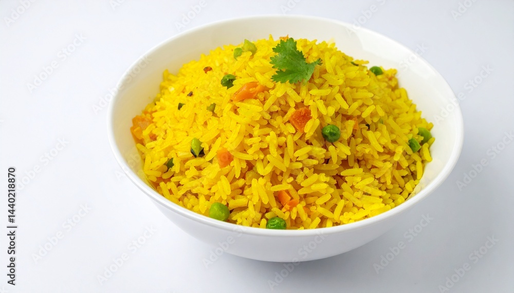 A Bowl of Freshly Cooked Yellow Rice on a White Background – Aromatic, Fluffy, and Healthy Rice, Perfect for Vegan, Gluten-Free, and Comfort Meals A Bowl of Freshly Cooked Yellow Rice on a White Background – Aromatic, Fluffy, and Healthy Rice, Perfect for Vegan, Gluten-Free, and Comfort Meals