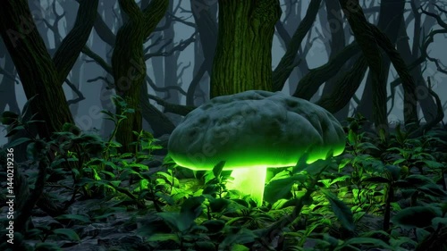 Enchanting forest glow: illuminated green mushrooms in dusky woodland setting