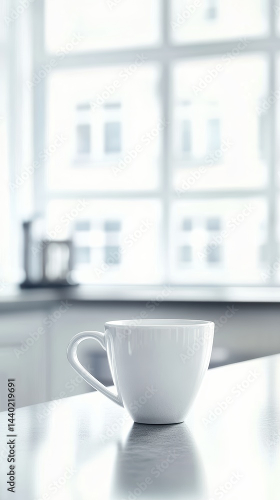 Serene morning ritual with a white cup on a bright kitchen counter enhancing focus and calm mood Serene morning ritual with a white cup on a bright kitchen counter enhancing focus and calm mood