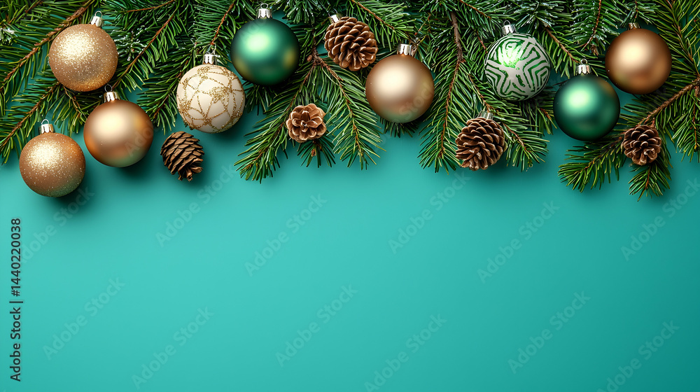 Festive Christmas Ornaments on Green Fir Branches with Pine Cones Festive Christmas Ornaments on Green Fir Branches with Pine Cones