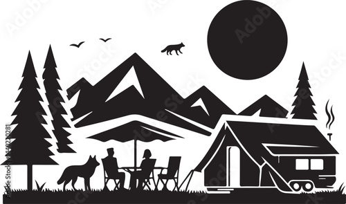 "Camping Adventure Silhouette – Campfire, RV, and Mountain Scene"

"Outdoor Camping Vector Art – Tent, Camper, and Forest Landscape"

"Wilderness Camping Silhouette – Nature, Fire, and Travel Graphic"