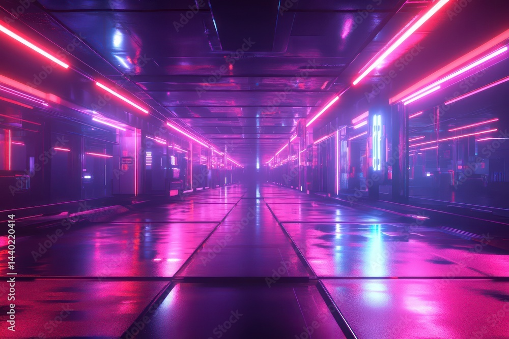 Fototapeta premium Neon lights corridor futuristic reflective pink blue