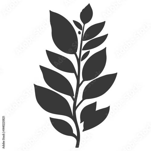 Simple botanical illustration of a leafy branch, dark silhouette on white background