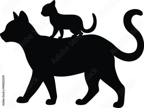A mother cat carrying her kitten baby cat on her back black silhouette vector design