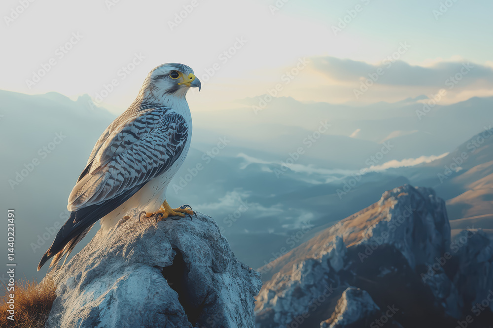 Fototapeta premium A wonderful falcon with a golden Beak sitting on a mountaintop.