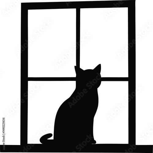 Silhouette of a serene cat gazing through a window, lost in thought