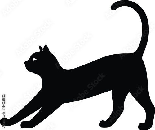 Elegant black cat stretching silhouette on a white background artistic rendition