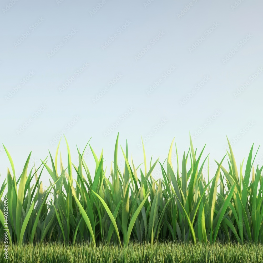 Fototapeta premium Fresh Green Grass Blades in Sunlight Against Pale Blue Sky Calm and Serene Outdoor Background