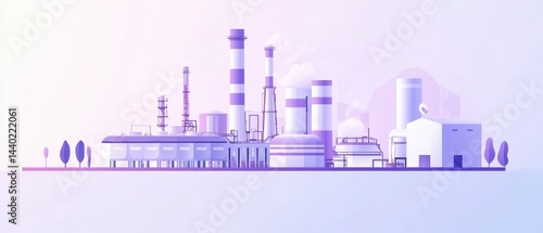 Industry panorama showcasing chimneys and facilities against a soft light background style illustration