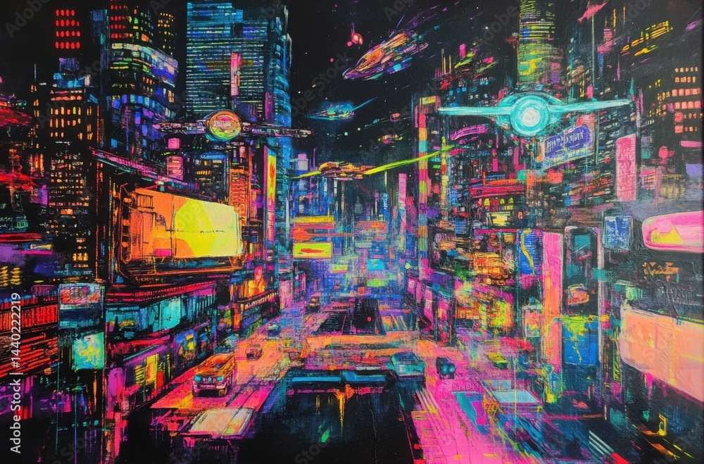 Obraz premium Cyberpunk nightscape with layered city structures, pulsing neon advertisements