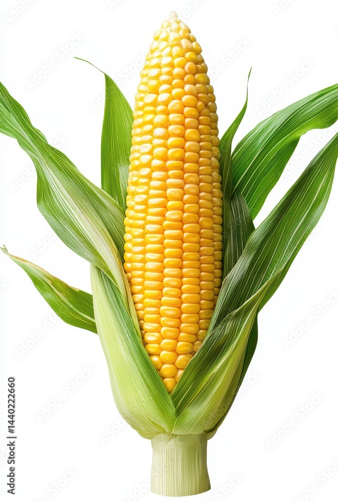 Freshly harvested corn cob with vibrant yellow kernels set against a clean white background showcasing natural agriculture and healthy food options. Freshly harvested corn cob with vibrant yellow kernels set against a clean white background showcasing natural agriculture and healthy food options.