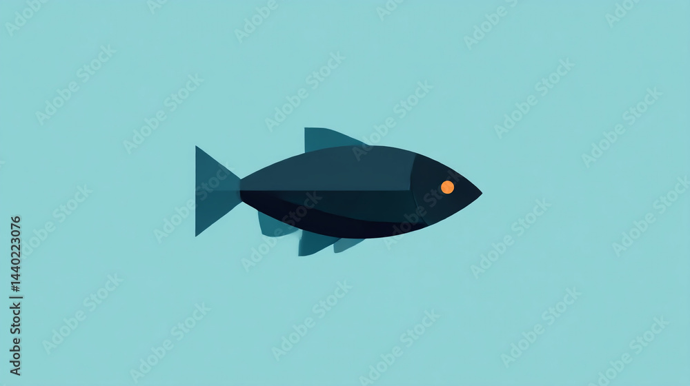Obraz premium Simple geometric dark blue fish illustration on light blue background minimalist aquatic design graphic on transparent background