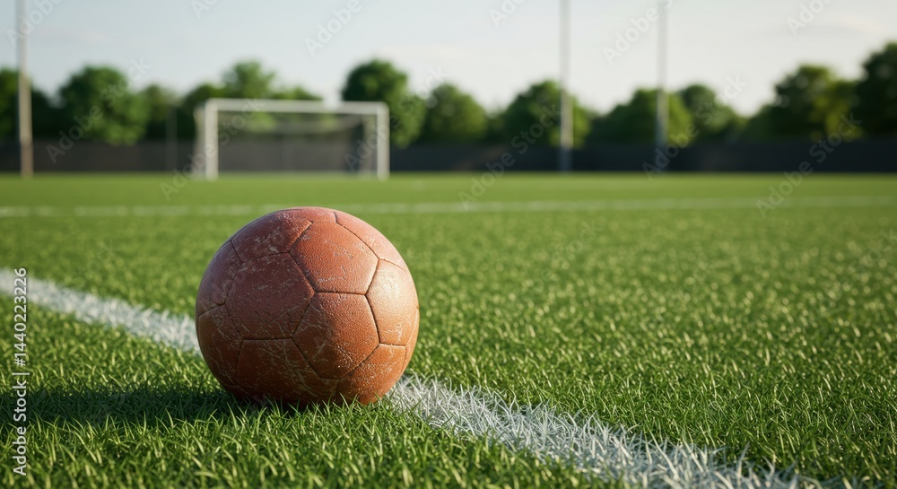 A Worn Soccer Ball Resting on the Sideline of a Lush Green Field, Ready for the Game A Worn Soccer Ball Resting on the Sideline of a Lush Green Field, Ready for the Game