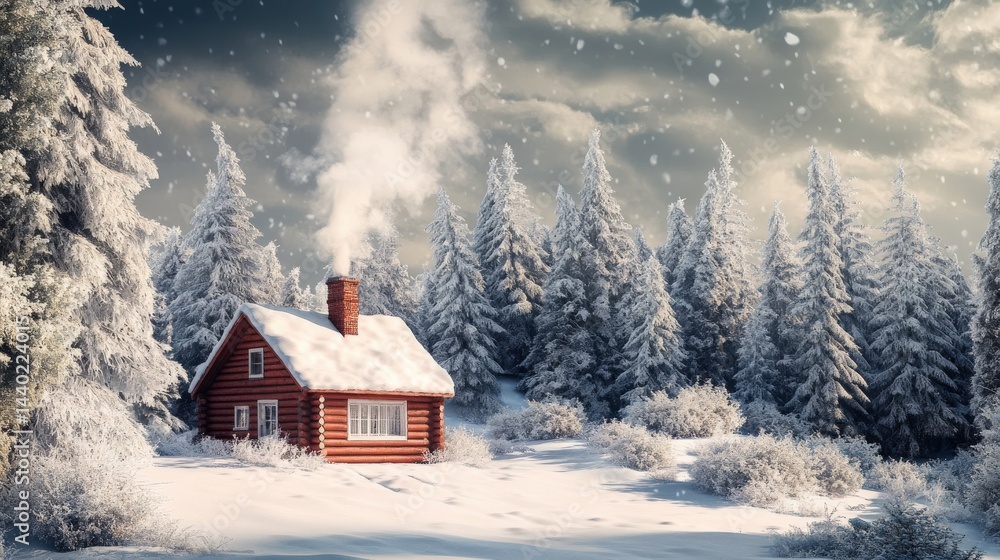 Fototapeta premium Snowy winter cabin nestled in a frosted forest.