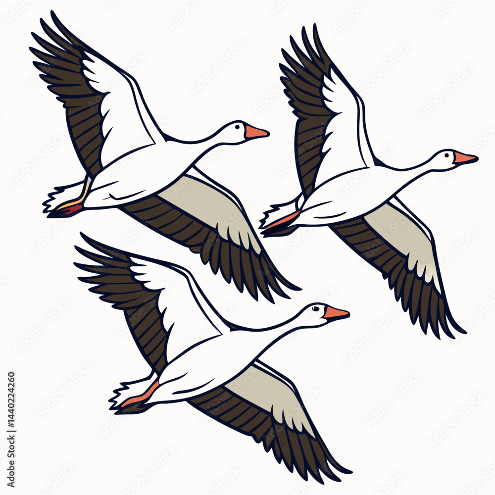 Fototapeta premium A vector illustration depicting a V-shaped flock of migratory geese in flight, symbolizing nature's rhythm and seasonal journeys.