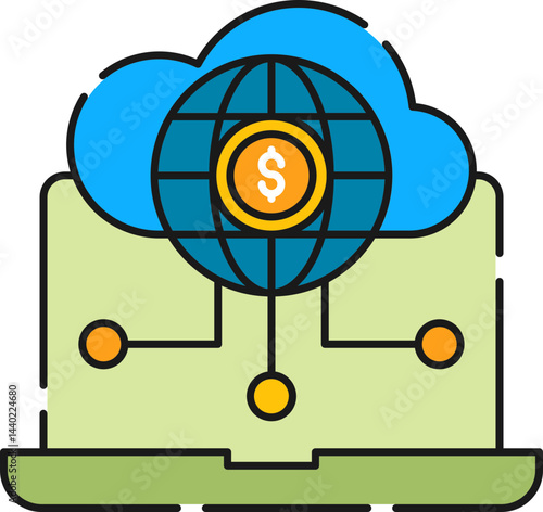 Global Finance Cloud Computing Laptop with Worldwide Money Transfer Illustration