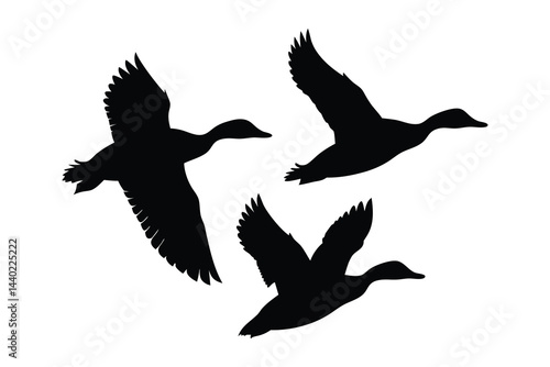 Flock of flying duck silhouette vector, duck bird icon vector art illustration