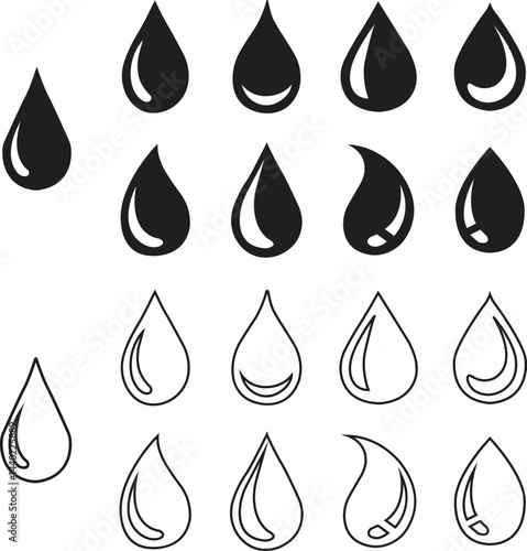 Water drops icon set flat and outline styles. Blood vectors silhouette. Tear and oil symbols. Various shapes of water and rain drops. Plumbing logos illustration isolated on transparent background.
