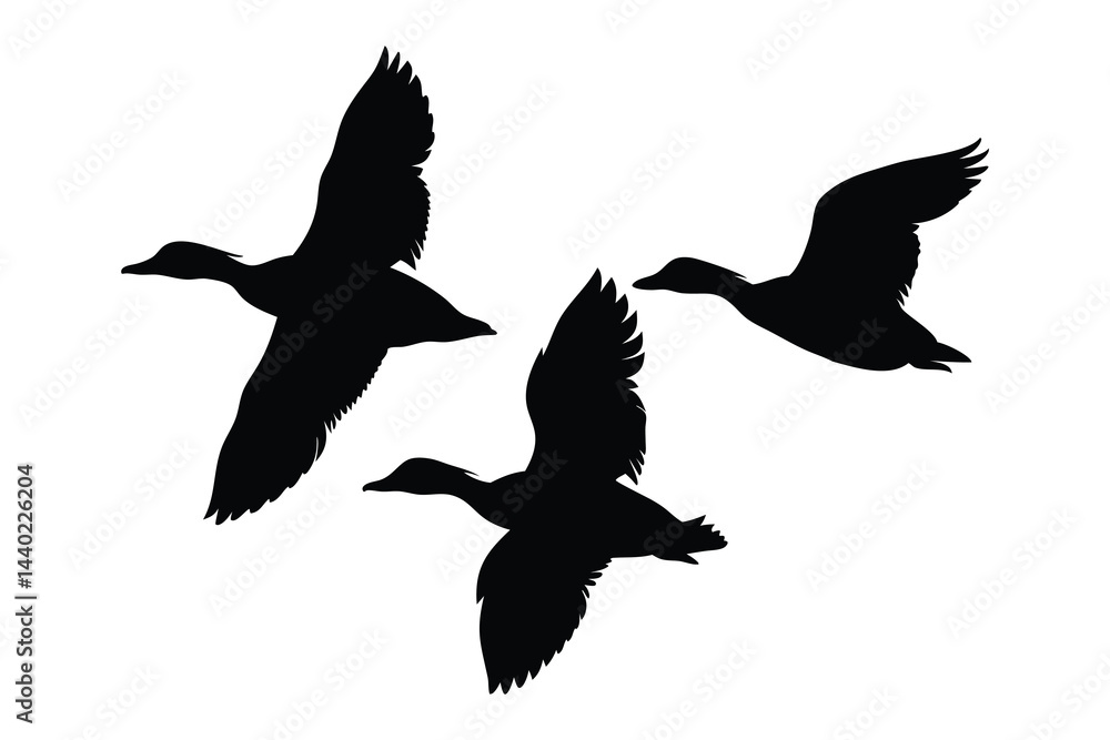 Obraz premium Flock of flying duck silhouette vector, duck bird icon vector art illustration