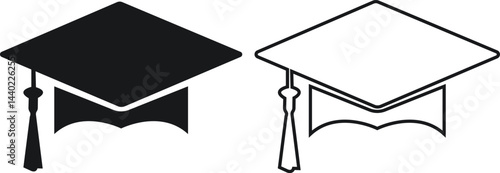 Graduation hat cap flat and outline icons set. Academic degree pictogram vectors. Graduation student black cap, diploma sign. University graduation ceremony symbols isolated on transparent background.