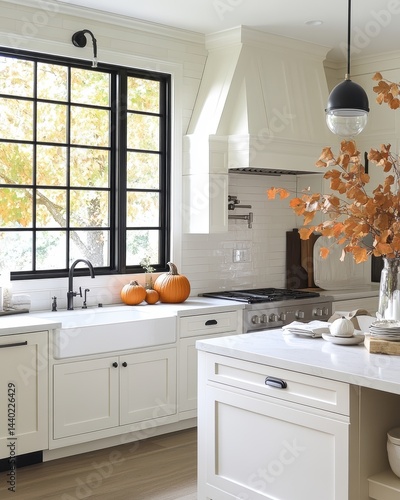 Inviting kitchen design with bright cabinets, pumpkins, island table, and fall leaves near window
