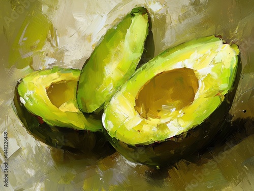 Expressive brushstrokes bring vivid colors to life in a modern avocado still life painting