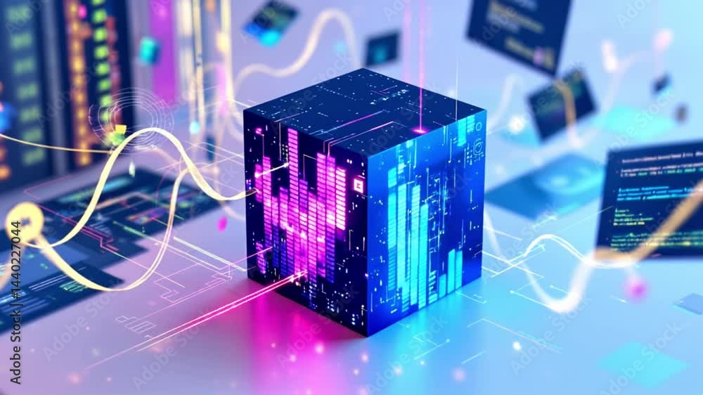 Futuristic data cube with flowing energy lines in a digital information technology environment