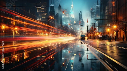 Blurred city lights streaking at night