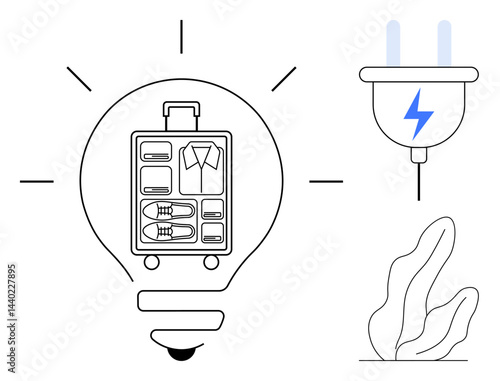 Lightbulb with organized suitcase items inside, power plug symbolizing energy, minimalist plant. Ideal for travel planning, innovation, energy-saving tips, organization, sustainability, creative