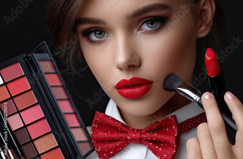 A close-up of the woman's hand applying lipstick with a red ribbon bow, holding an open black makeup palette on her neck against a black background.