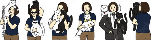 A vector set of Cat people kitten Mom Cool pet and owner Family cat Me and my kitten black and white cat Cute animal, cute lady