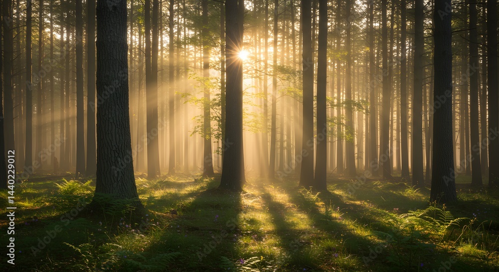 Fototapeta premium Sunlight filtering through dense forest in morning mist