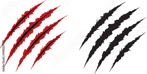 Two sets of claw marks one red and one black on a white background