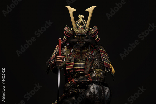 3D illustration of a samurai wearing traditional Japanese armor and holding a sword on a dark background