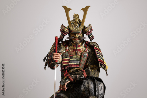 3D illustration of the upper body of a samurai wearing traditional Japanese armor and holding a sword..