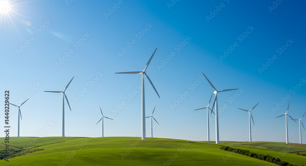 Modern wind turbines on green hill under clear blue sky Modern wind turbines on green hill under clear blue sky