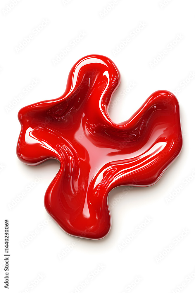 Realistic red liquid splash, spilled paint or syrup with glossy red texture and irregular shape, isolated on white backdrop