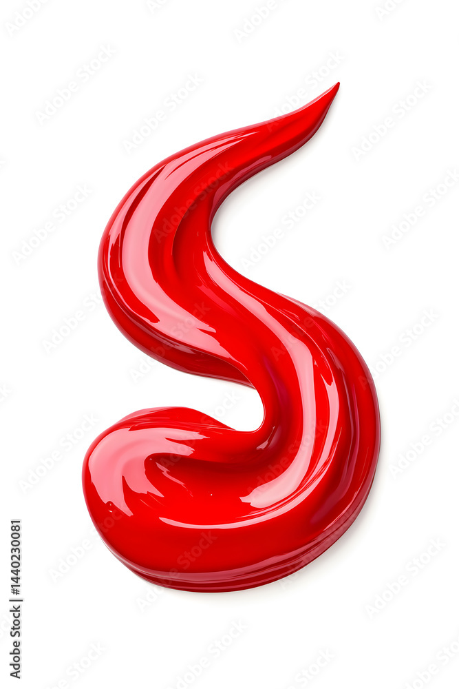 Realistic red liquid splash, spilled paint or syrup with glossy red texture and irregular shape, isolated on white backdrop