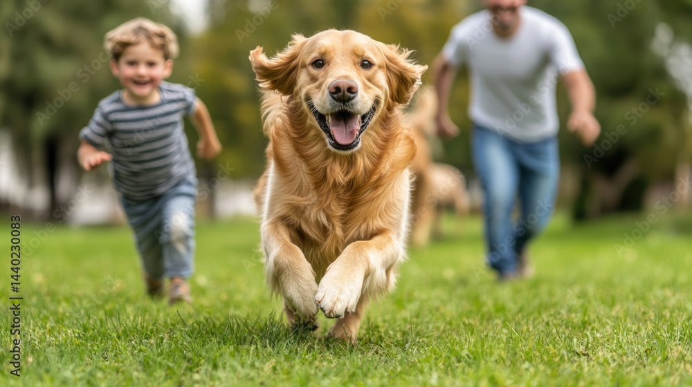 happy family travel on their summer holiday trip together with their cheerful golden retriever dog at beautiful natural area. happy family travel on their summer holiday trip together with their cheerful golden retriever dog at beautiful natural area.