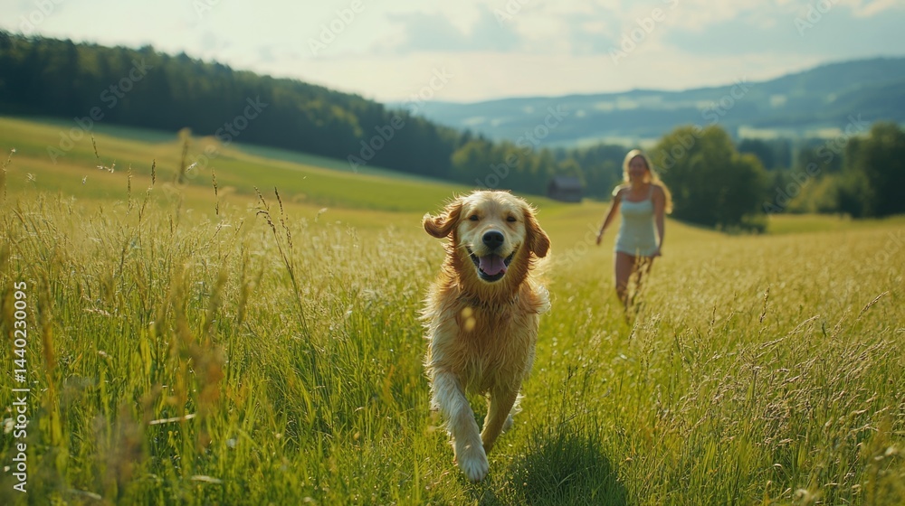 happy family travel on their summer holiday trip together with their cheerful golden retriever dog at beautiful natural area.
