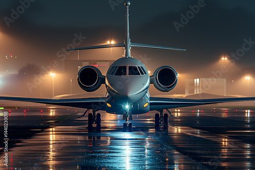 Business Jet Illuminated By Airport Lights Parked On Wet Runway Night Fog Moody Atmosphere